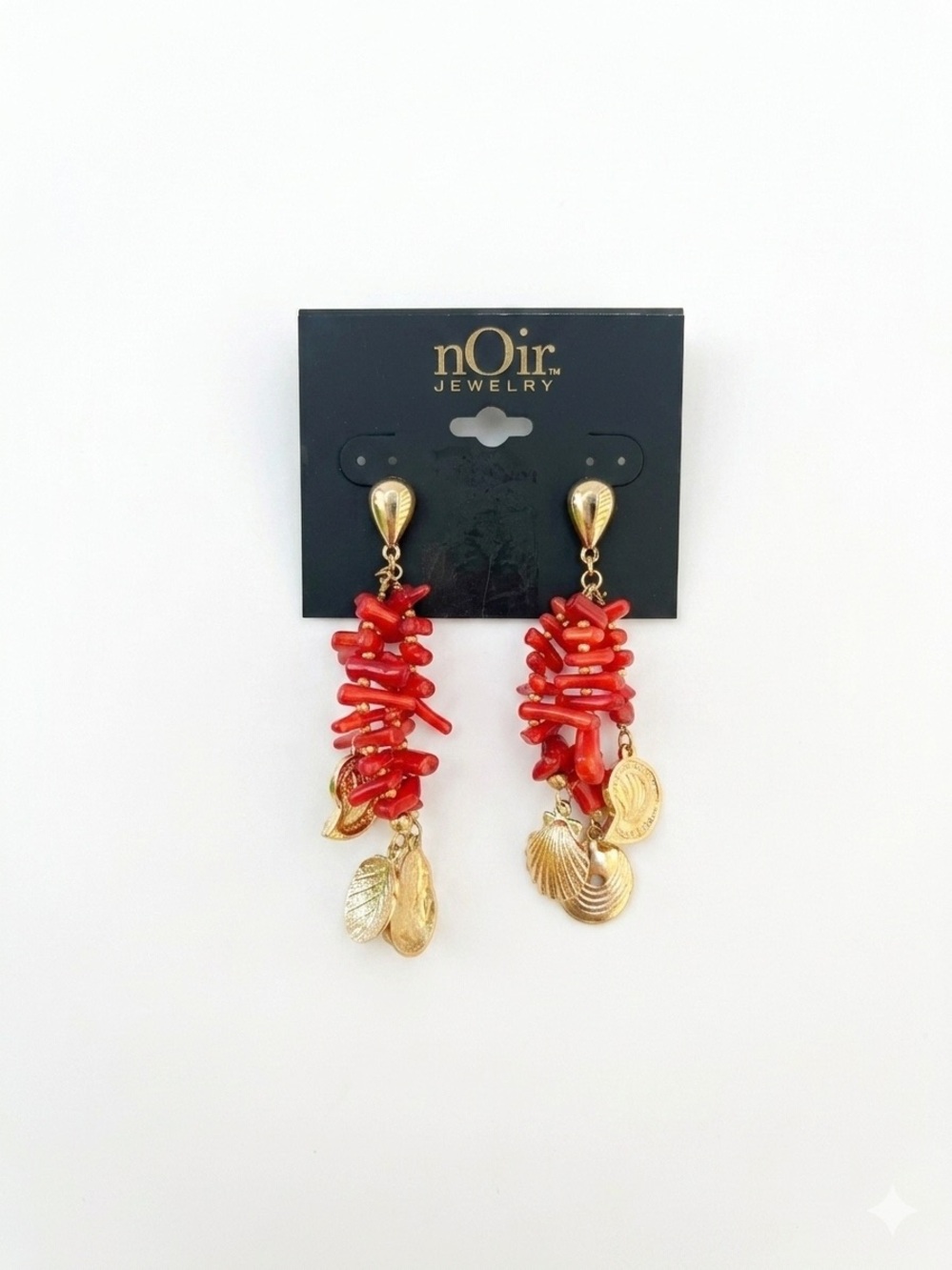 nOir Jewelry Red Coral Cluster Drop Earrings with Gold Shell Charms